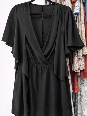 Flutter-Sleeve Black V-Neck Mini Dress